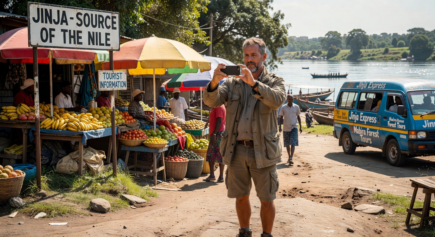 Tourist at Jinja with mobile