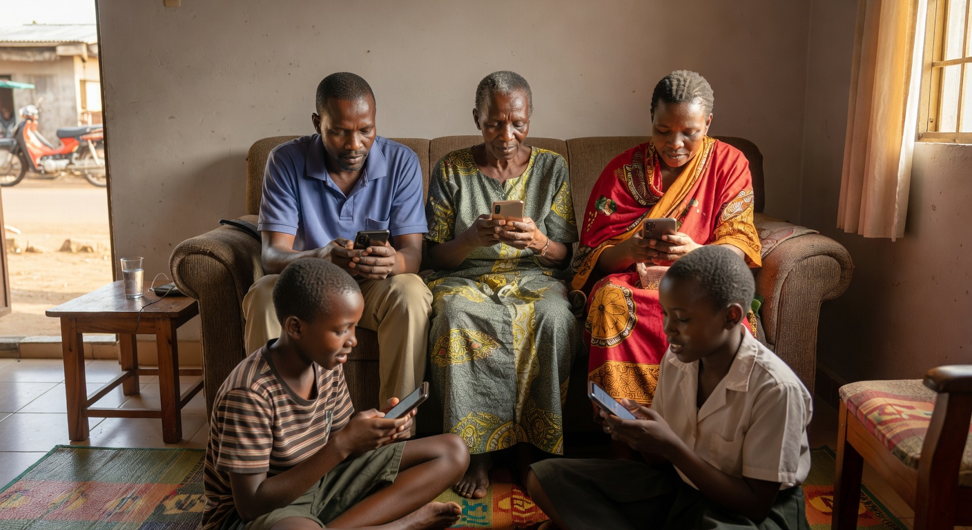 Ugandan family with smartphones